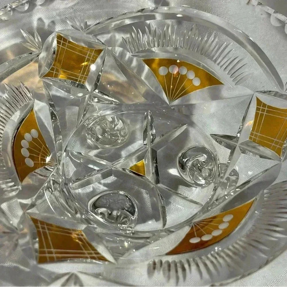 Vintage German Etched & Painted Scalloped Edged Crystal Footed Dish - Picture 5 of 5